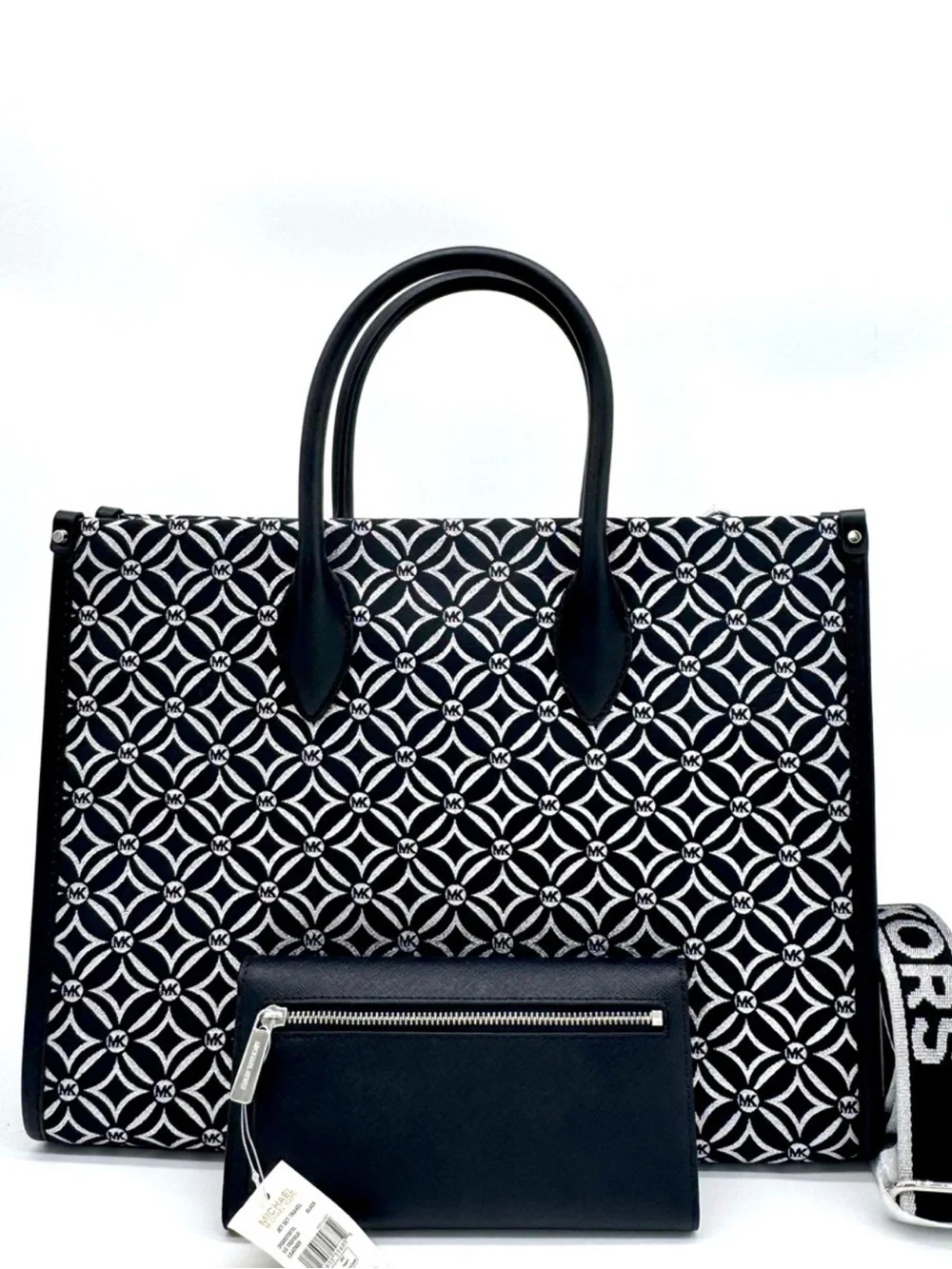 Michael Kors Medium Mirella Tote Bag & Large Trifold Wallet - Black /Silver